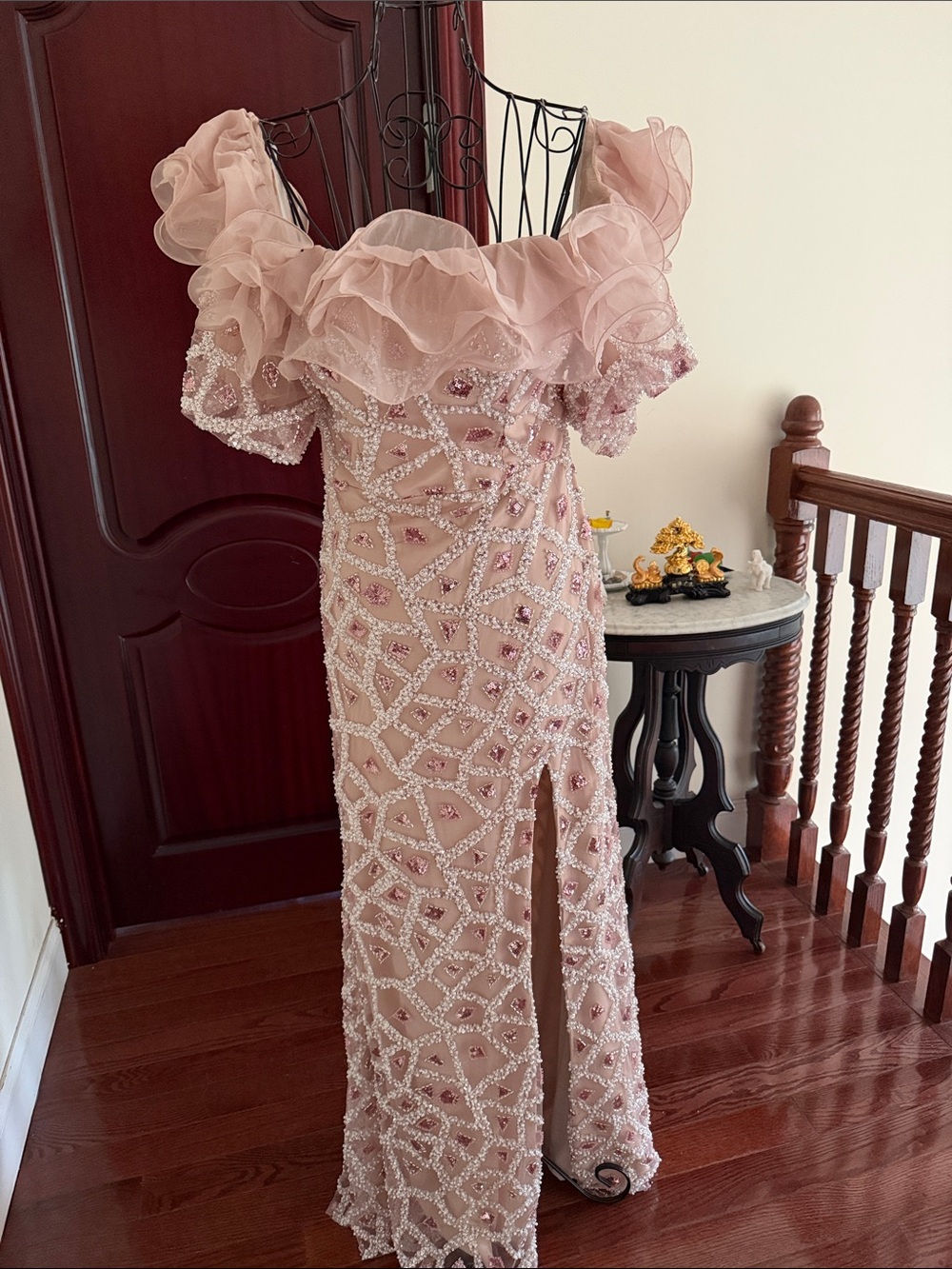 Blush Pink Beaded Off-Shoulder Evening Gown